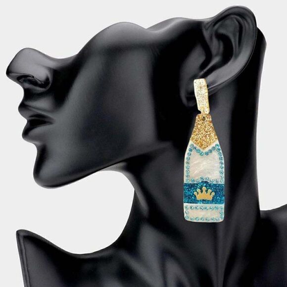 Champagne Bottle Blue Glittered Acetate Dangle Earrings - Picture 1 of 7